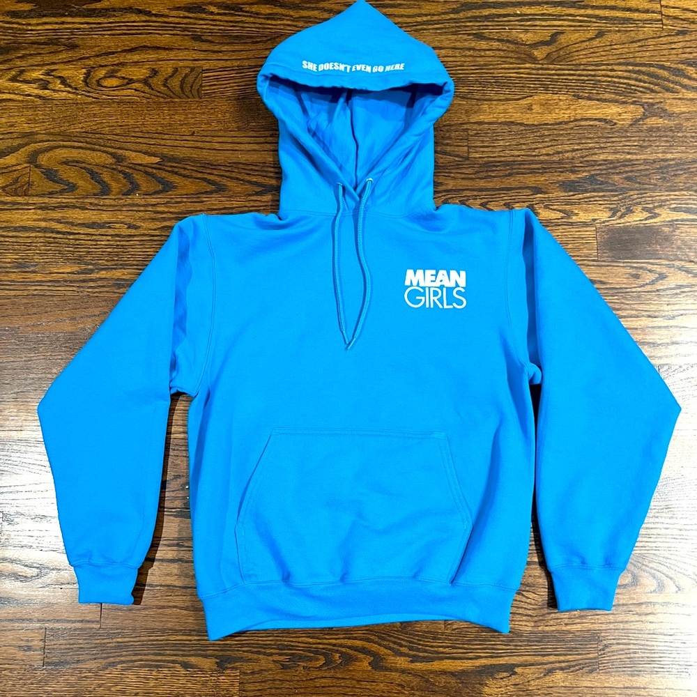 Blue MEAN GIRLS sweatshirt hoodie size small s “she doesn’t even go here”